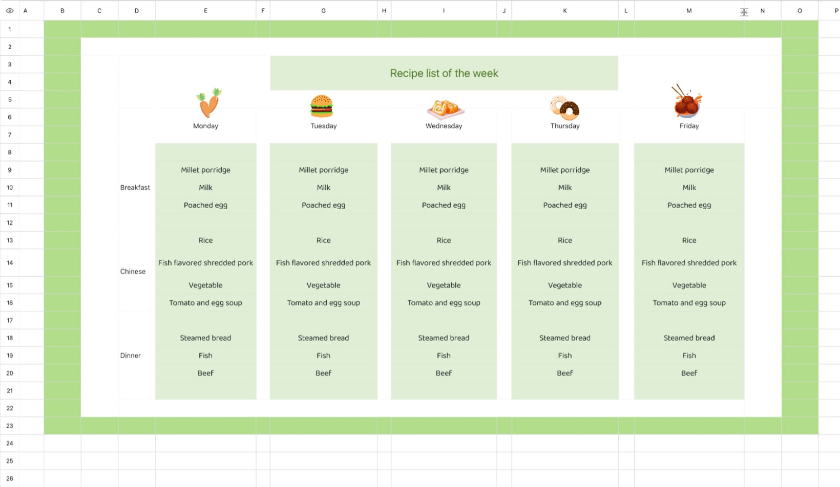 Weekly recipe list